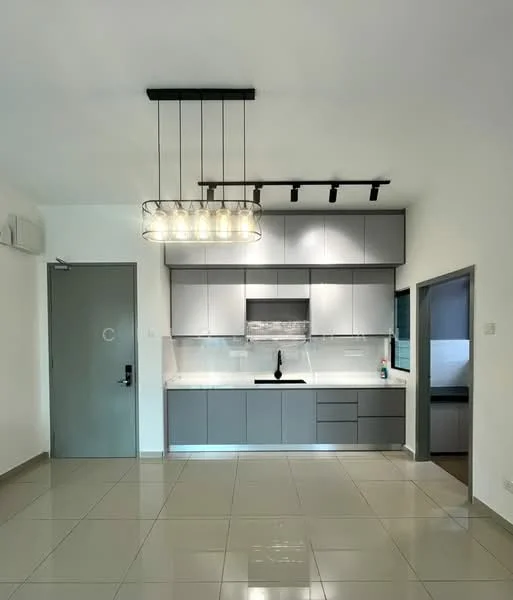 Kitchen features: grey cabinetry, white marble countertop, black gooseneck faucet, stainless-steel sink, tile backsplash, built-in oven, recessed LED downlights, 6-blade pendant light, ceramic tile flooring, wall-mounted split AC; style: modern.
