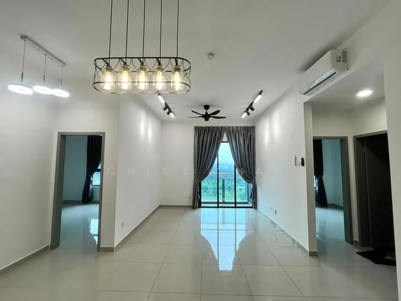 Living features: white painted walls, polished ceramic tile flooring, 5-blade ceiling fan with light, recessed LED downlights, hanging pendant light fixture, floor-to-ceiling windows, sliding glass door, curtains, balcony view, air conditioning unit; style: modern; view: city.