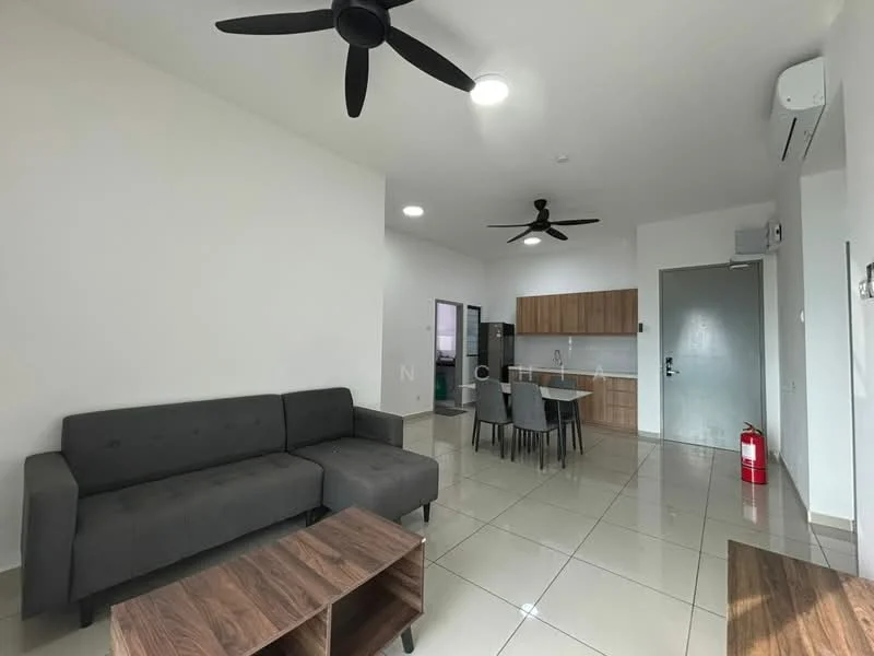 Living features: grey fabric sofa, wooden coffee table, 2 ceiling fans, recessed downlights, white painted walls, glossy tile flooring, air conditioning unit, open layout to kitchen, large window, fire extinguisher; style: modern. Kitchen features: wood cabinetry, stainless-steel fridge, built-in oven, 4-burner gas hob, kitchen island, white countertops, sink, tile backsplash; style: modern.