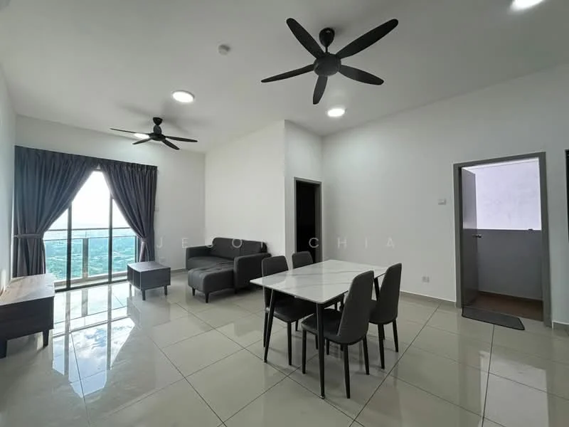 Living features: 3-seater fabric sofa in grey, 4-seater dining table, upholstered dining chairs, 2 ceiling fans, floor-to-ceiling windows, curtains, polished tile flooring, wall-mounted TV, sideboard, light fixtures; style: modern; view: city.