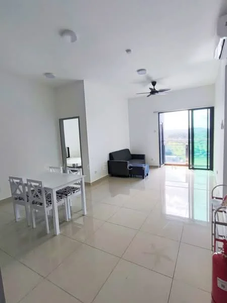 Living features: grey fabric sofa, 3-blade ceiling fan, floor-to-ceiling sliding glass door, white walls, cream tiled flooring, dining table for 4 with white chairs, mirror on wall, fire extinguisher, natural light from sliding door; style: modern; view: garden.