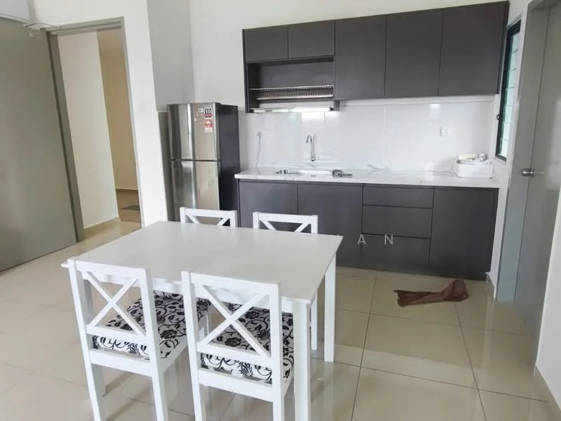 Kitchen features: white cabinets, stainless-steel fridge, white countertop, single-bowl stainless-steel sink, chrome pull-down faucet, ceramic tile flooring, wall-mounted cabinets, open shelving, 4-seater dining table, white dining chairs with patterned upholstery; style: modern.