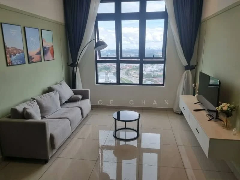 Living features: grey fabric 3-seater sofa, round black coffee table, wall-mounted TV, white TV console, large floor-to-ceiling windows, curtains in dark blue, cream painted walls, glossy tile flooring, decorative wall art, decorative vase with flowers, lamp with curved arm; style: modern; view: city.