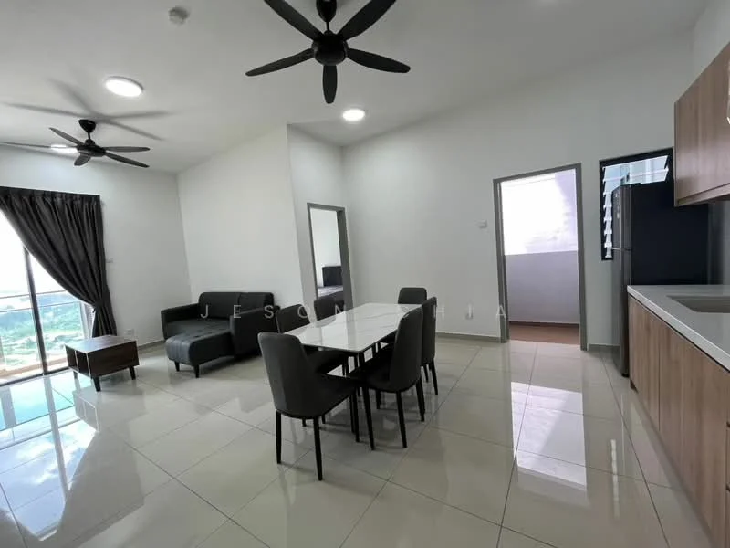 Living features: 3-seater fabric sofa in black, coffee table, dining table for 6 with black chairs, floor-to-ceiling windows, grey curtains, 2 ceiling fans, recessed downlights, mirror on wall, glossy tile flooring, white painted walls; style: modern; view: city.