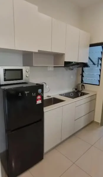 Kitchen features: black fridge, built-in microwave, single-bowl stainless-steel sink, chrome pull-down faucet, white cabinetry, white countertop, ceramic tile flooring, wall-mounted range hood, recessed downlights, window with horizontal slats; style: modern.