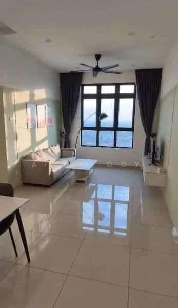 Living features: 3-seater fabric sofa in light grey, coffee table, wall-mounted TV, floor-to-ceiling windows, blackout curtains, 5-blade ceiling fan with light, tile flooring, decorative wall art, light green painted walls, recessed downlights; style: modern; view: city.