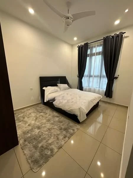 Bedroom features: king-size bed, upholstered headboard, white bedding, grey area rug, floor-to-ceiling windows, blackout curtains, 5-blade ceiling fan, glossy tile flooring, white painted walls, nightstand; style: modern; view: city.