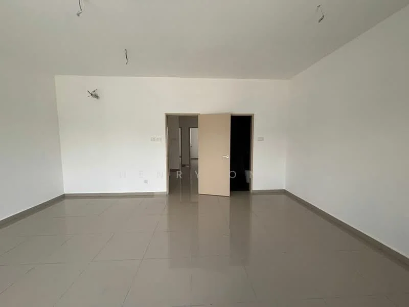 Room features: white painted walls, grey tiled flooring, two doors leading to other rooms, ceiling lights, no visible furniture, large open space, neutral color scheme, high ceiling; style: modern.