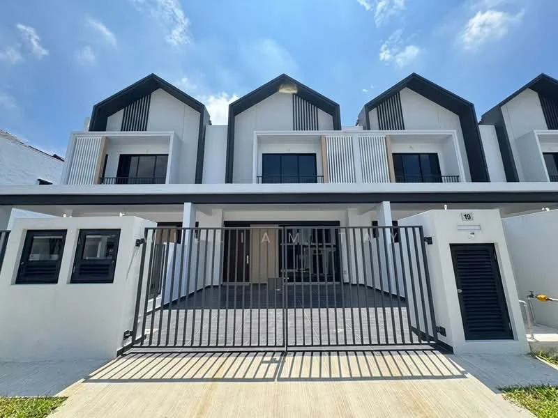 Exterior type: linked terrace house; features: white painted facade, black accents, gabled roof, front porch area, metal gate, large windows, sliding glass door, concrete pathway, landscaped front yard, two-storey structure, modern architectural design; style: modern.