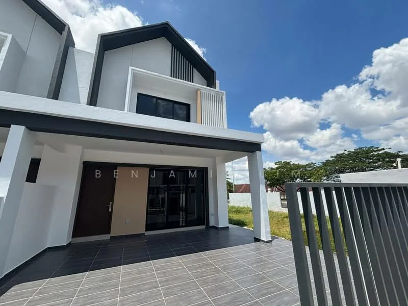 Exterior type: linked terrace house; features: white painted facade, grey accent wall, flat roof, approximately 2-storey, tiled flooring, large glass windows, main entrance door, manicured lawn, surrounded by greenery; style: modern.