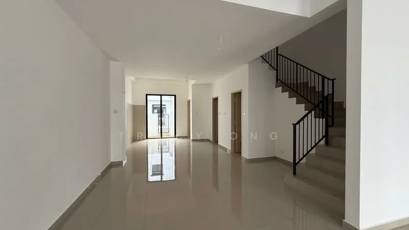 Room features: white painted walls, glossy tile flooring, staircase with black railing, large glass door, natural light from windows, open layout, high ceiling, neutral color scheme; style: modern.