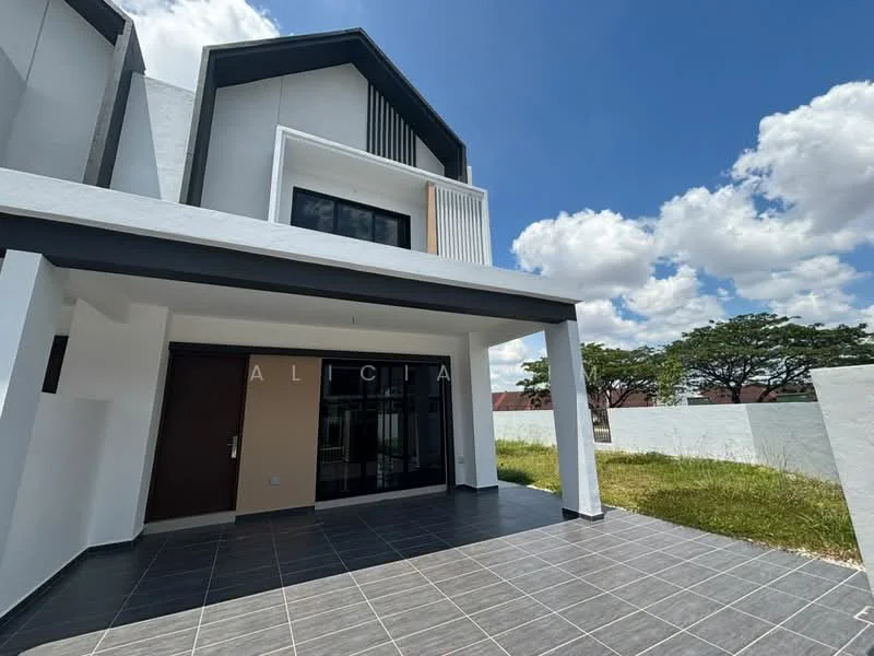 Exterior type: linked terrace house; features: white painted facade, flat roof, approximately 2-storey, tiled flooring in porch area, large glass door, manicured lawn, surrounded by greenery, concrete wall, driveway with interlocking pavers; style: modern.