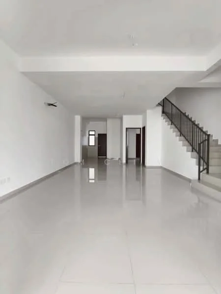 Room features: white painted walls, polished ceramic tile flooring, staircase with metal railing, large windows for natural light, high ceiling, open layout, no visible furniture or decor, neutral color palette; style: modern.