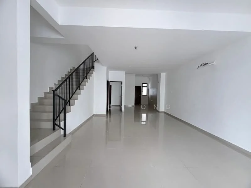 Room features: white painted walls, polished ceramic tile flooring, staircase with metal railing, recessed downlights, large open space, no visible furniture, high ceiling, doorway leading to another room; style: modern.
