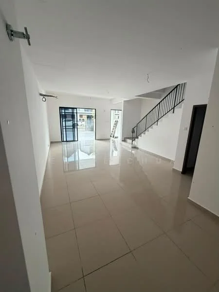 Room features: white painted walls, glossy ceramic tile flooring, large floor-to-ceiling windows, sliding glass door, staircase with metal railing, recessed ceiling lights, open layout, natural light from windows; style: modern.