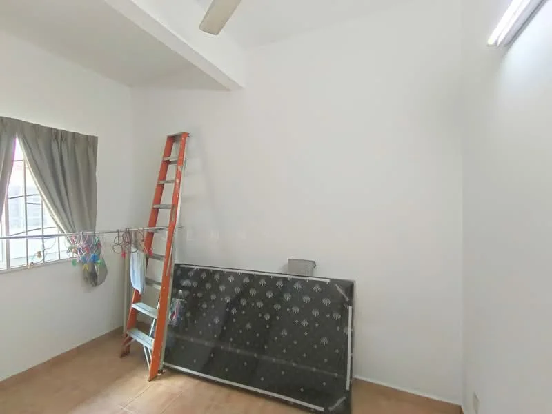 Room features: white painted walls, ceiling fan, tile flooring, window with sheer curtains, ladder, clothes drying rack, black framed panel, light fixture on ceiling.