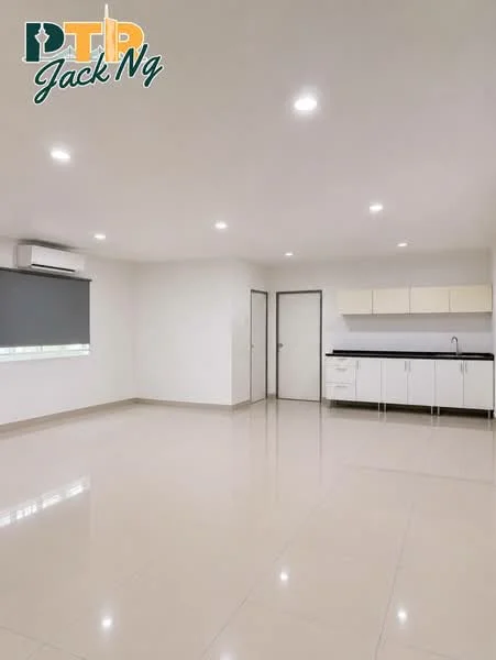 Living features: white painted walls, polished ceramic tile flooring, recessed LED downlights, 1 wall-mounted split AC, grey roller blinds, kitchenette with white cabinetry, black countertop, stainless-steel sink, single-bowl stainless-steel sink, 2 doors leading to other rooms; style: modern.