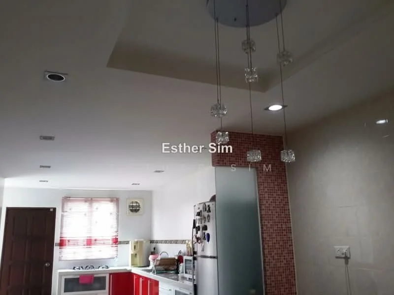 Kitchen features: red cabinetry, white countertop, stainless-steel fridge, built-in oven, freestanding range oven, ceramic tile flooring, recessed downlights, pendant lighting with crystal accents, white tiled backsplash, window with blinds; style: modern.