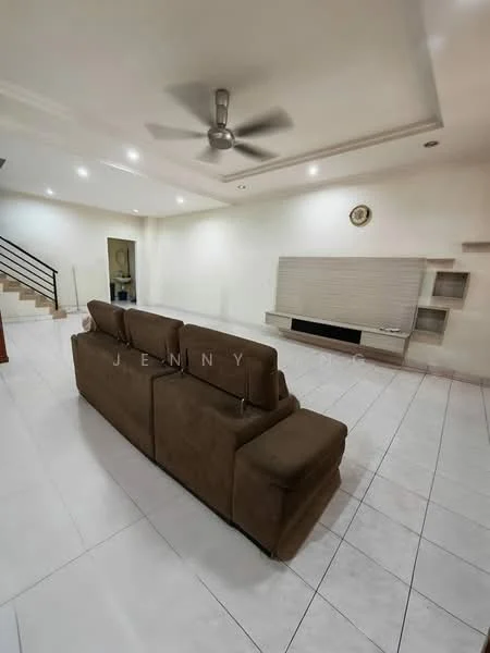 Living features: 3-seater fabric sofa in brown, ceiling fan with light, recessed downlights, wall-mounted TV console, white tiled flooring, neutral painted walls, decorative wall clock, open space layout; style: modern.