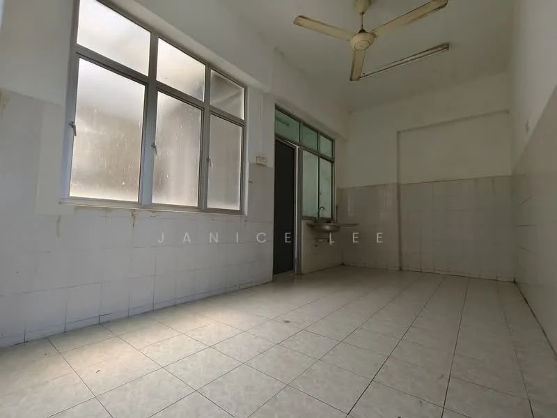 Room features: white painted walls, tile flooring, ceiling fan, large windows, sink, neutral color scheme, high ceiling, natural light.