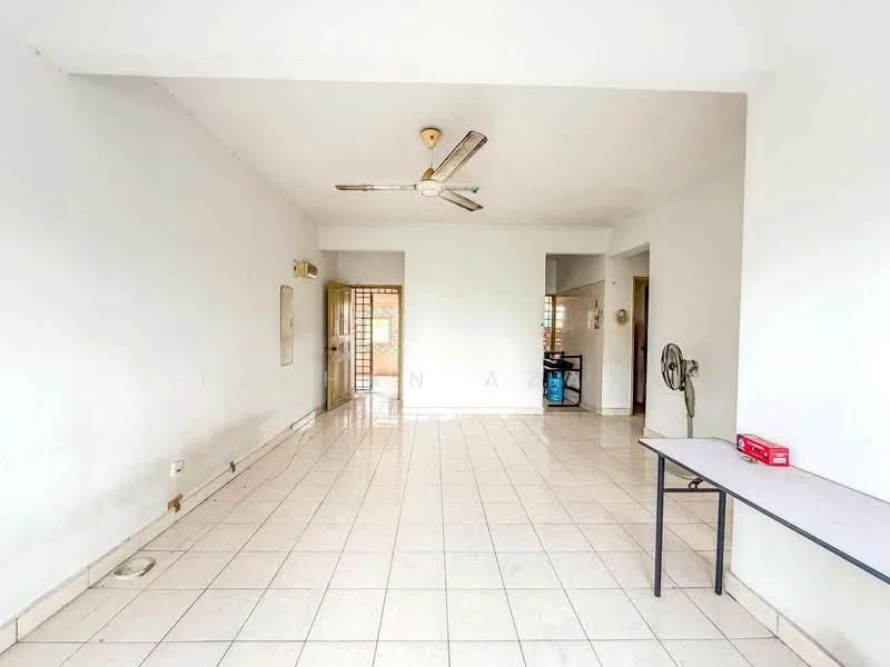Living features: white painted walls, ceramic tile flooring, ceiling fan, recessed downlights, large windows, open layout, doorway leading to other rooms, wall-mounted air conditioning unit.