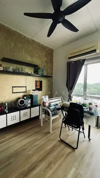 Room features: wooden flooring, gold painted accent wall, white walls, ceiling fan, floor-to-ceiling windows, black curtains, shelves on wall, table with chairs, various items on table, wall-mounted artwork, air conditioning unit; style: modern; view: garden.