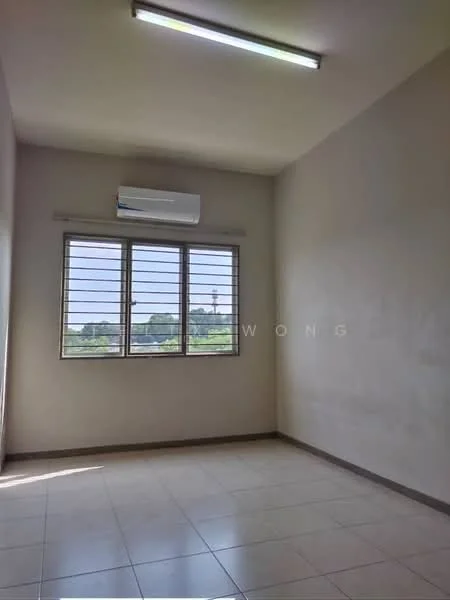 Room features: white painted walls, tile flooring, 1 wall-mounted split AC, large window with horizontal bars, natural light from window, neutral color scheme, no visible furniture, view of greenery outside; style: modern; view: garden.