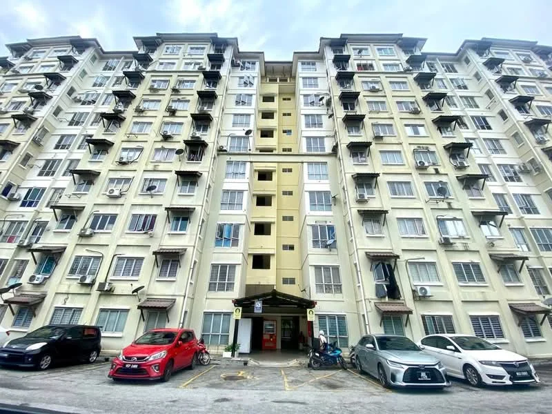 Exterior type: mid-rise condominium; features: cream painted facade, multiple balconies, air conditioning units visible, covered entrance with awning, parking spaces in front, two-storey building, glass windows, security intercom at entrance; style: modern.