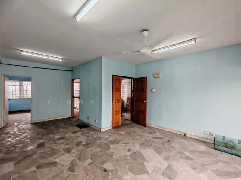 Room features: light blue painted walls, marble tile flooring, ceiling fan, fluorescent lighting, wooden door, large windows, open layout, corner space; style: minimalist.