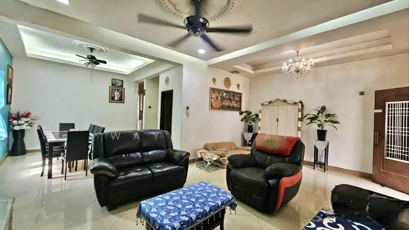 Living features: black leather 3-seater sofa, beige armchair, blue patterned ottoman, ceiling fan with light, chandelier, white tiled flooring, decorative wall art, green potted plants, wall-mounted artwork, recessed ceiling lights, open layout to dining area; style: contemporary. Dining features: 6-seater dining table, black dining chairs, white walls, decorative wall art, open layout to living area; style: contemporary.