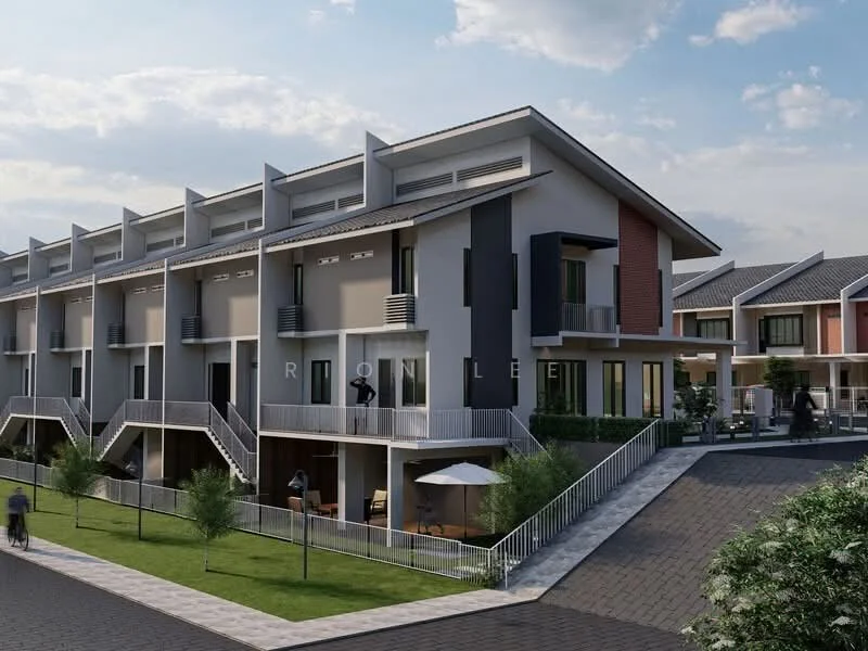 Exterior type: linked terrace house; features: two-storey building, grey painted facade, red brick accent wall, recessed balconies, manicured lawn, paved walkway, outdoor seating area with umbrella, surrounded by greenery, modern architectural design, multiple units in a row; style: modern.