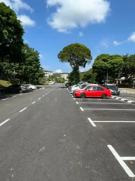 Exterior type: parking deck; features: open-air parking lot, marked parking spaces, landscaped greenery, mature trees, asphalt surface, clear blue sky; style: modern.