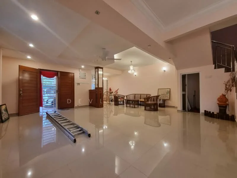 Living features: polished marble flooring, white painted walls, tray ceiling, 5-blade ceiling fan with light, large windows with sheer curtains, double front doors, wooden furniture, decorative wall art, open layout, natural light, neutral color palette; style: contemporary.