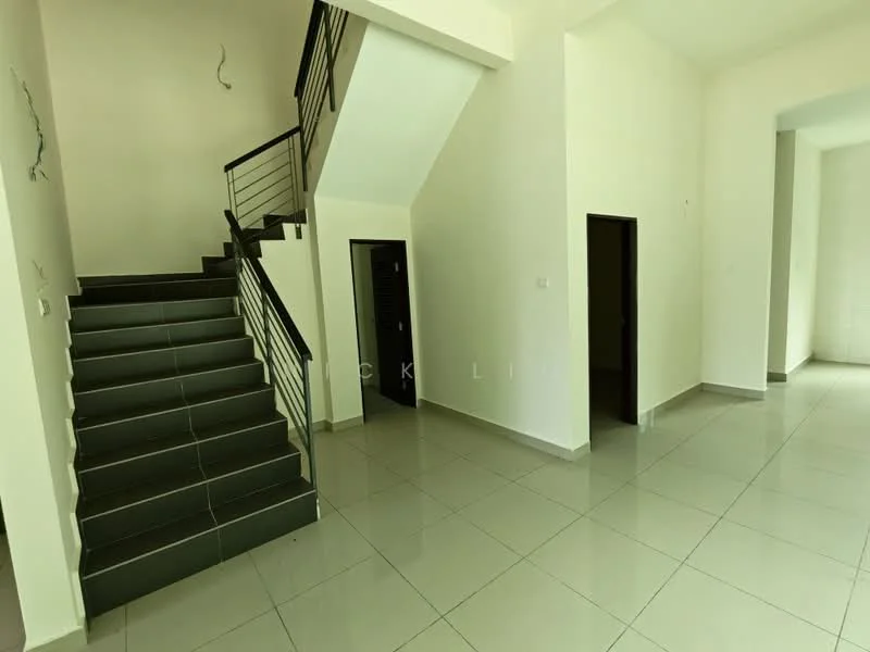 Room features: white painted walls, grey tiled flooring, staircase with metal railing, doorway leading to another room, open space layout, high ceiling, natural light from windows; style: modern.