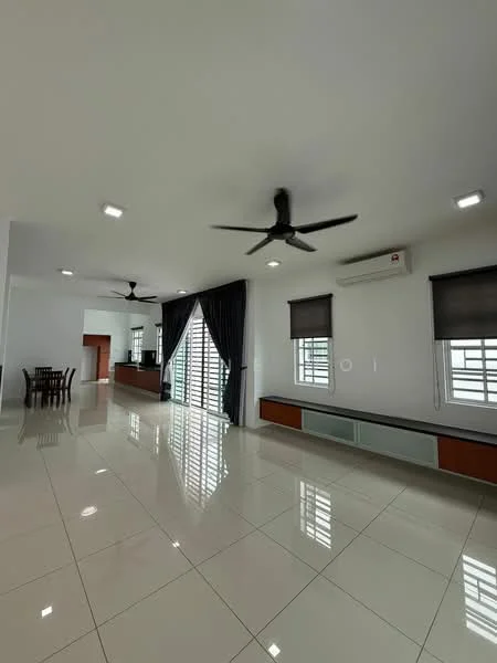Living features: white painted walls, glossy ceramic tile flooring, 5-blade ceiling fan with light, 2 wall-mounted split AC units, floor-to-ceiling windows, blackout roller blinds, built-in cabinetry with storage, dining table, decorative wall mirror; style: modern.