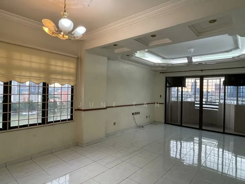 Living features: white painted walls, glossy tile flooring, tray ceiling with chandelier, 5-blade ceiling fan, floor-to-ceiling windows, sliding glass door, sheer curtains, city view; style: modern; view: city.