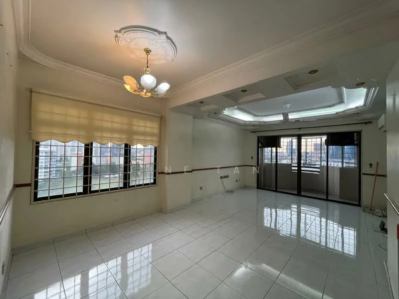 Living features: white painted walls, glossy white tile flooring, tray ceiling with recessed lighting, 3-blade ceiling fan, large windows with sheer curtains, sliding glass doors, air conditioning unit, decorative ceiling rose; style: modern; view: city.