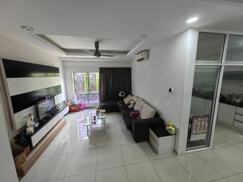 Living features: white painted walls, tray ceiling with recessed lighting, polished tile flooring, 5-blade ceiling fan, L-shape sectional sofa in black, coffee table, wall-mounted TV, TV console with storage, floor-to-ceiling windows, blackout curtains, decorative items on shelves; style: modern; view: garden.