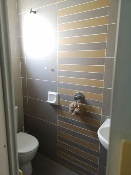 Bathroom features: one-piece toilet, wall-mounted sink, chrome faucet, grey tiled walls, striped accent wall with beige tiles, light fixture, towel holder, soap dish; style: modern.