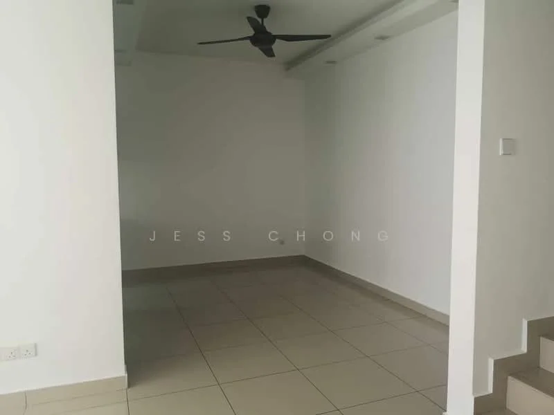 Room features: white painted walls, tile flooring, ceiling fan, recessed lighting, corner staircase, neutral color scheme; style: modern.
