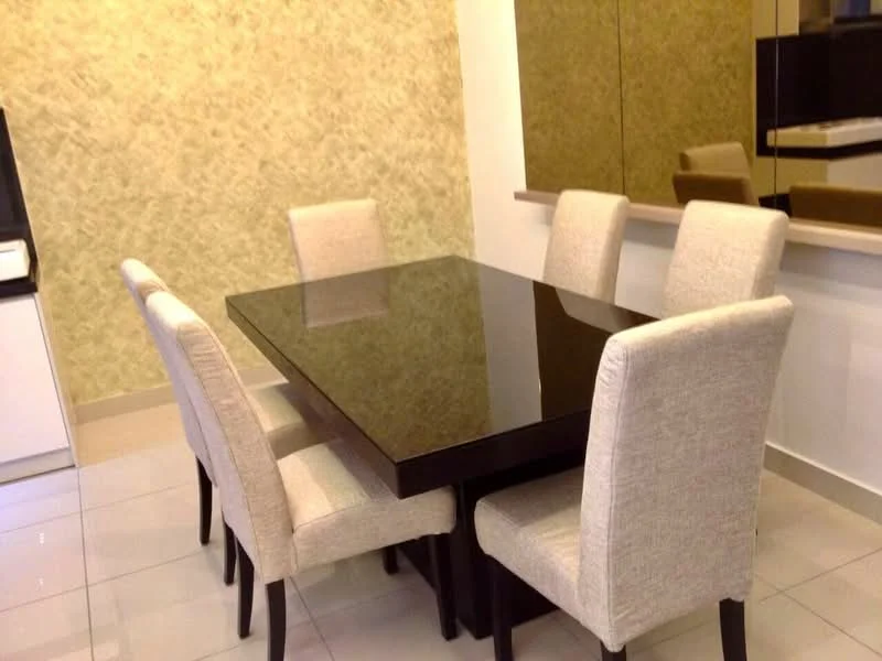 Dining features: black glass dining table, 6-seater dining table, upholstered dining chairs in beige, textured wallpaper in light yellow, white tiled flooring, mirror on wall, neutral color palette; style: modern.