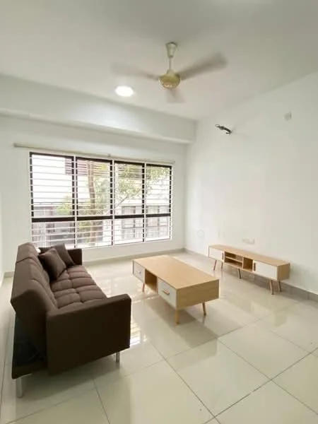 Living features: 3-seater fabric sofa in brown, coffee table with wooden top, TV console with drawers, white painted walls, glossy tile flooring, ceiling fan, large windows with horizontal blinds, natural light from windows; style: modern; view: garden.
