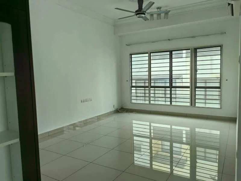 Living features: white painted walls, glossy tile flooring, 5-blade ceiling fan, floor-to-ceiling windows, window grills, natural light, neutral color scheme, no visible furniture; style: modern.
