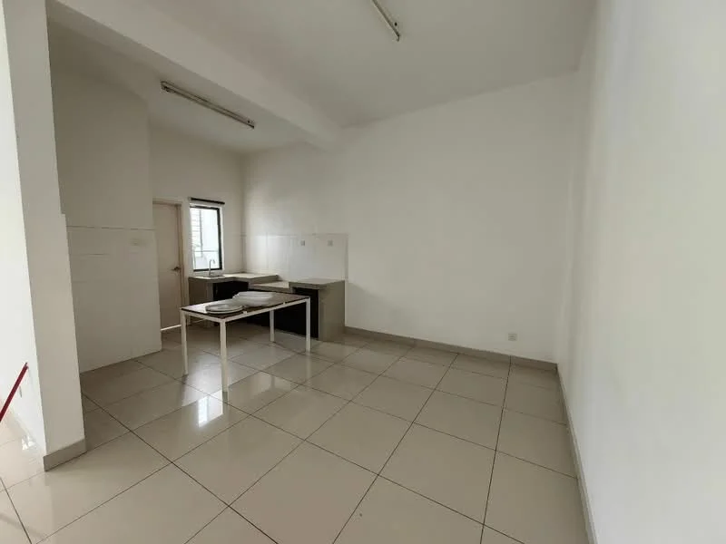 Kitchen features: white painted walls, glossy ceramic tile flooring, single-bowl stainless-steel sink, countertop with cabinets, window for natural light, light fixture on ceiling, open layout, space for dining table; style: modern.