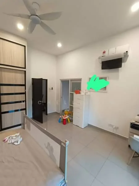 Bedroom features: queen-size bed, 5-blade ceiling fan, wall-mounted split AC, built-in wardrobe with sliding doors, tile flooring, white painted walls, decorative wall art, chest of drawers, children's toys; style: modern.