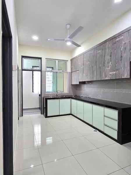 Kitchen features: black granite countertop, light green cabinetry, wooden upper cabinets with a textured finish, ceramic tile flooring, recessed LED downlights, 5-blade ceiling fan, double-bowl stainless-steel sink, built-in cabinets, window with sheer curtains; style: modern.