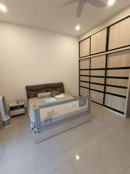 Bedroom features: queen-size bed with upholstered headboard, built-in wardrobe with sliding doors, grey bed linens, white walls, recessed ceiling lights, ceiling fan, tile flooring, nightstand, baby crib, decorative items on nightstand; style: modern.