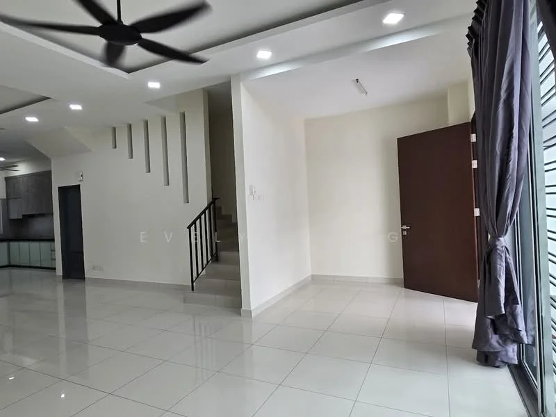 Living features: white painted walls, glossy tile flooring, 5-blade ceiling fan, recessed downlights, large windows with horizontal blinds, staircase leading to upper floor, dark wood door, curtains in grey fabric; style: modern.