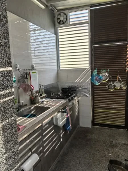 Kitchen features: single-bowl stainless-steel sink, chrome pull-down faucet, grey cabinetry, white tiled backsplash, built-in gas stove, exhaust fan, countertop with grey surface, hanging pots and pans, window with horizontal slats, floor-to-ceiling window, concrete flooring; style: modern.