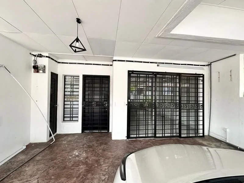 Room features: white painted walls, black security grilles on windows and doors, exposed ceiling with light fixture, brown vinyl flooring, sliding glass door, single door, wall-mounted electrical outlet; style: modern.